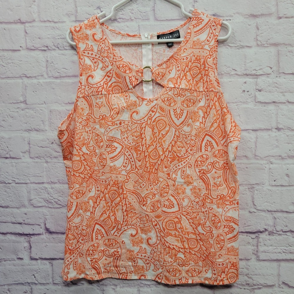 Harper 241 Orange Paisley Tank Top L Linen Blend Keyhole O-Ring Y2K Boho Retro
